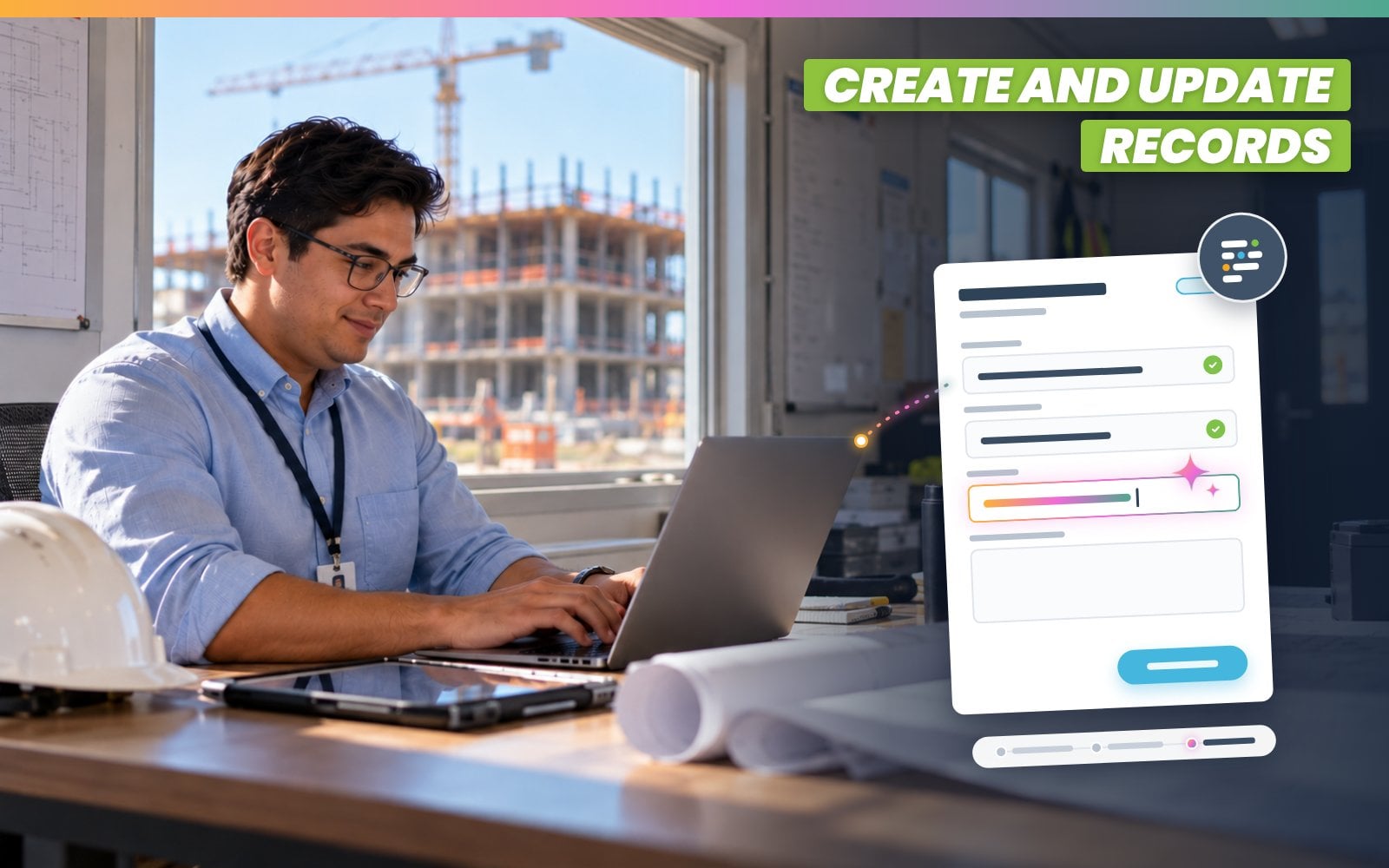 Engineer uses ai construction software on a laptop at a jobsite office with digital record forms overlay