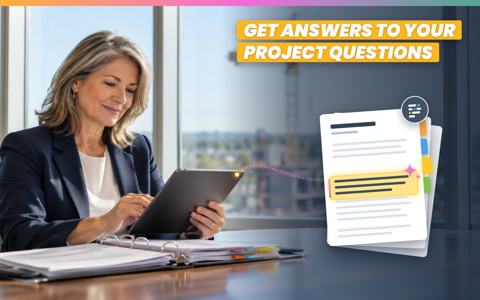 Professional using ai construction software on a tablet beside project files and a project questions graphic